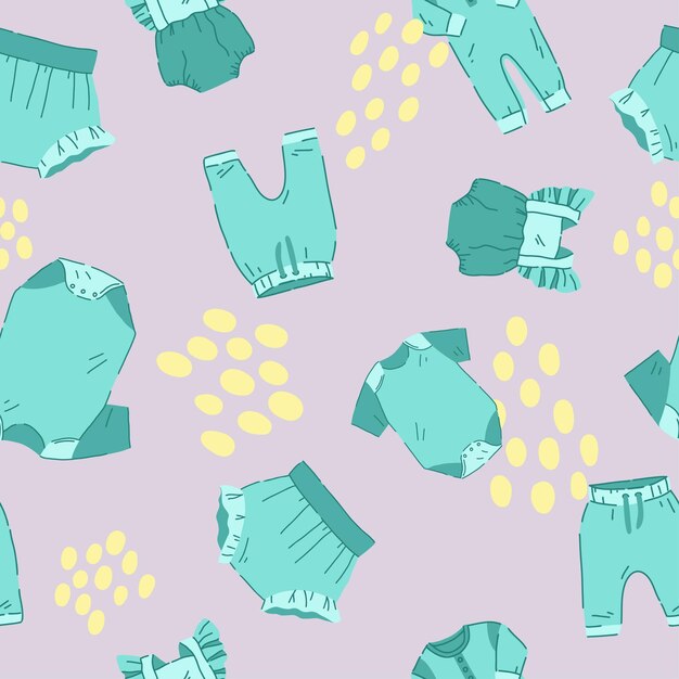 Lindo bebé ropa de patrones sin fisuras Fondo con prendas de recién nacido Ilustración de vector dibujado a mano