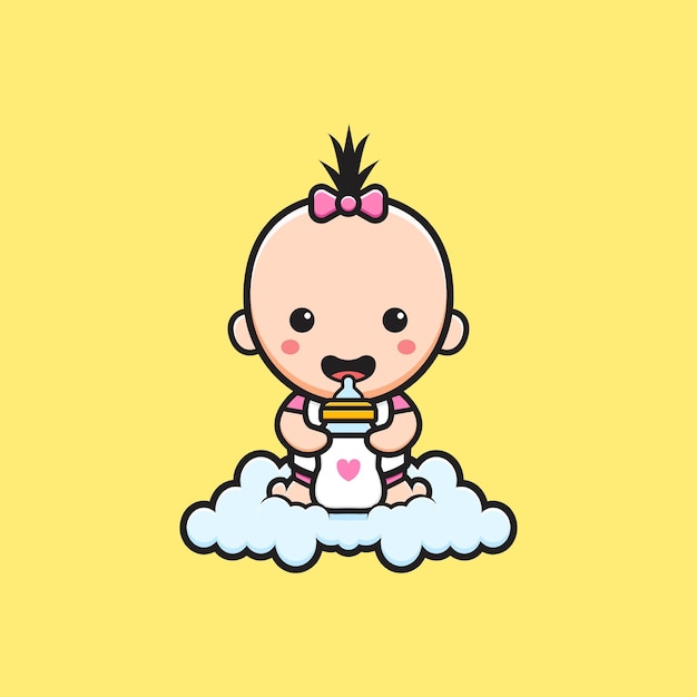 Vector lindo bebé sentado en la nube con ilustración de icono de dibujos animados de chupete de botella de leche. diseño de estilo de dibujos animados plano aislado