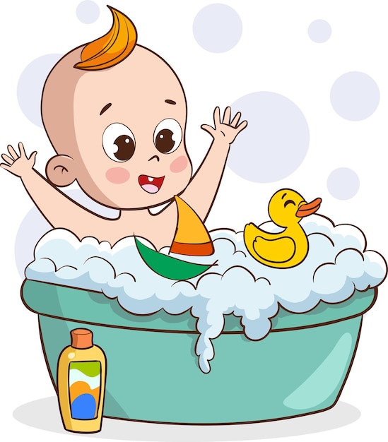 Lindo bebé sonriente feliz tomando un baño jugando con burbujas de espuma Ilustración vectorial en dibujos animados planos