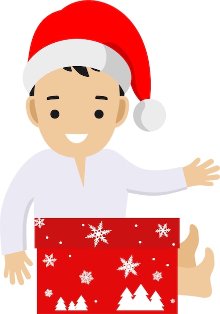 Lindo bebé sonriente con sombrero de Papá Noel y caja de regalo de Navidad en ilustración vectorial de estilo plano