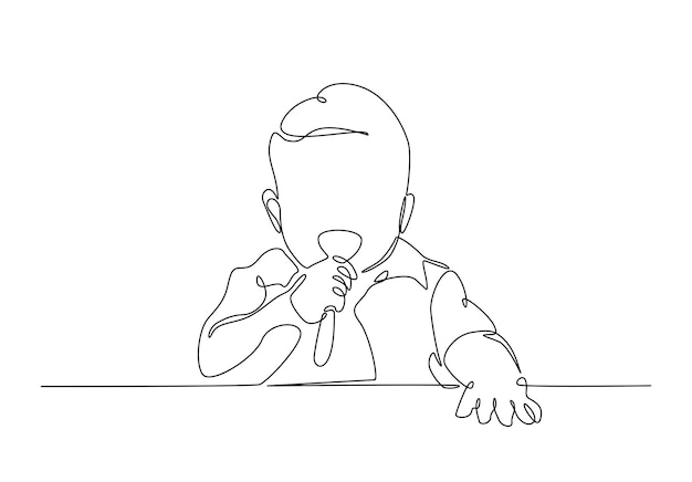 Lindo bebé sosteniendo la cuchara en un dibujo continuo de una línea