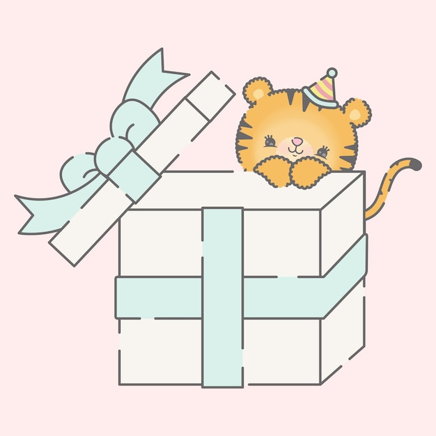 Lindo bebé tigre con caja de regalo abierta vector premium