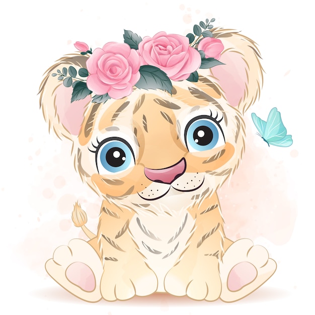 Vector lindo bebé tigre con flores