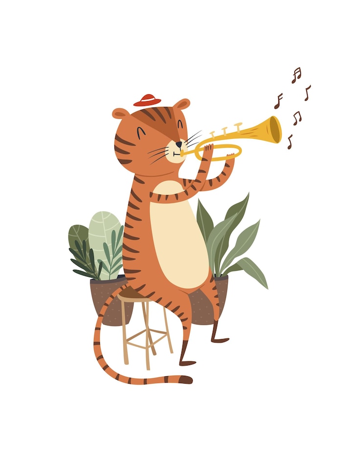 Vector lindo bebé tigre tocando trombón de instrumento musical
