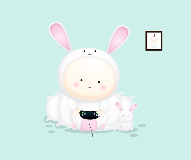 Lindo bebé en traje de conejito sosteniendo juegos. ilustración de dibujos animados Vector Premium