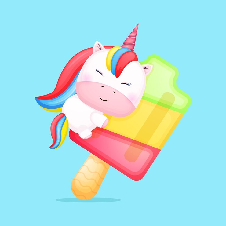 Vector lindo bebé unicornio abrazando dibujos animados de helado de arco iris