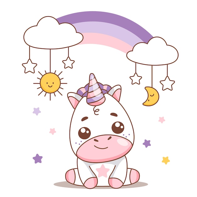 Lindo bebé unicornio con arco iris sentado y sonriente Elemento para imprimir postal Ilustración vectorial