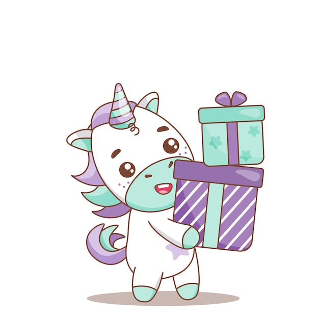 Lindo bebé unicornio con cajas de regalo de pie y sonriente Elemento para imprimir Ilustración vectorial