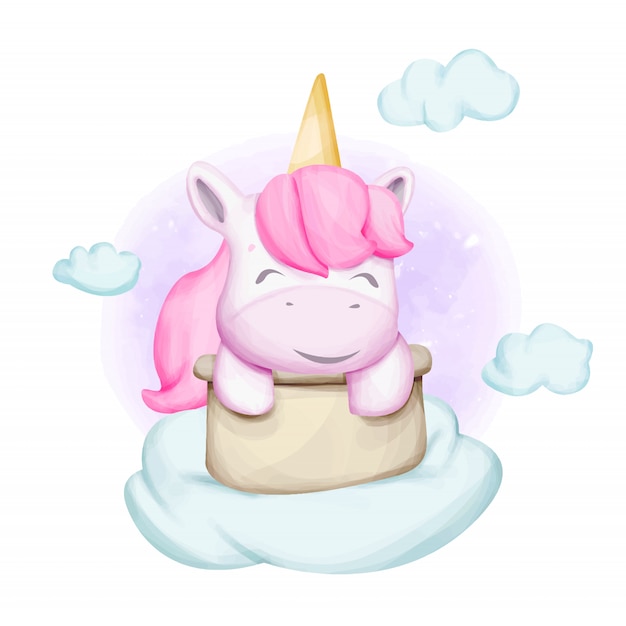 Vector lindo bebé unicornio con cesta