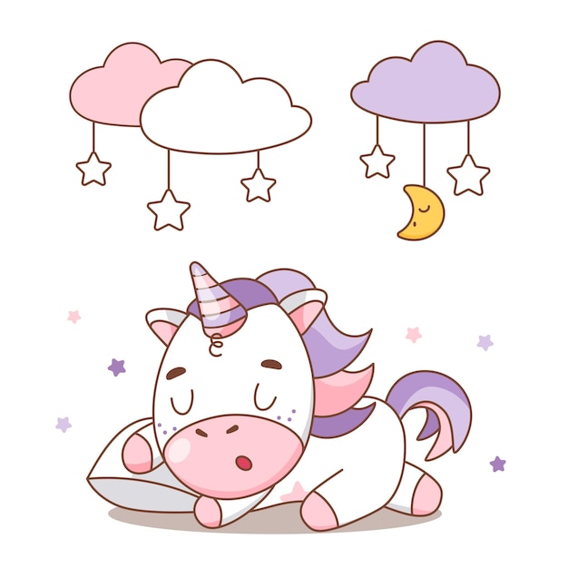 Lindo bebé unicornio durmiendo Elemento para imprimir postales y carteles Ilustración vectorial