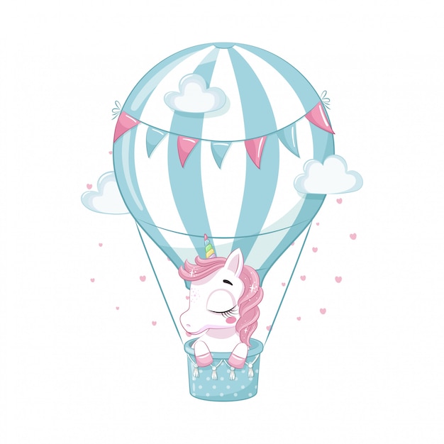 Lindo bebé unicornio en un globo de aire caliente. Ilustración para baby shower, tarjetas de felicitación, invitación de fiesta, impresión de camiseta de ropa de moda.