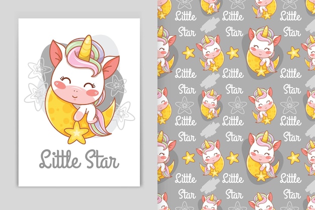 Lindo bebé unicornio con luna y pequeña estrella ilustración de dibujos animados y conjunto de patrones sin fisuras