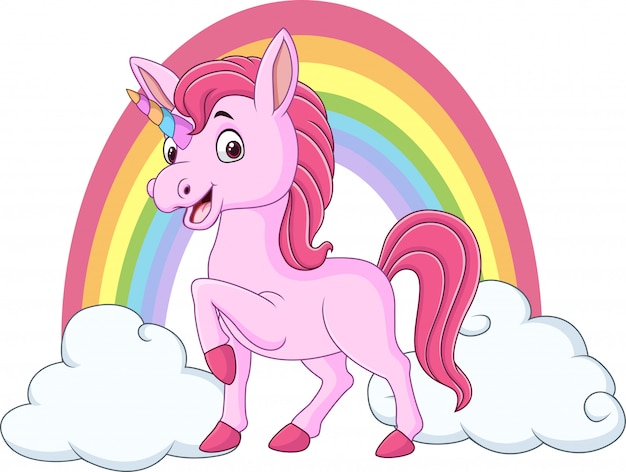 Vector lindo bebé unicornio con nubes y arcoiris