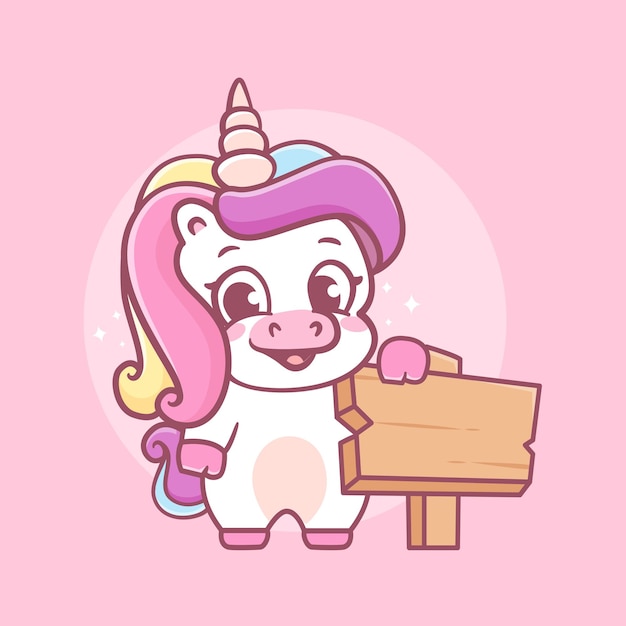 Lindo bebé unicornio de pie con letrero de madera ilustración de dibujos animados