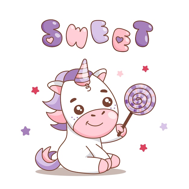 Lindo bebé unicornio con piruleta remolino sentado y sonriente Elemento para imprimir Ilustración vectorial