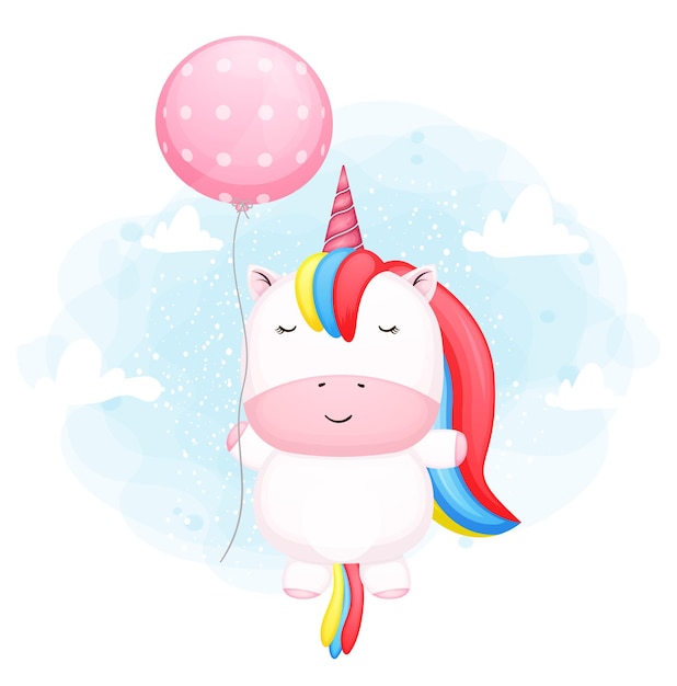Lindo bebé unicornio volando con dibujos animados de globos