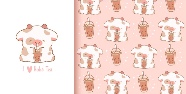 Vector lindo bebé vaca bebida boba perla té kawaii de patrones sin fisuras rosa pastel papel tapiz de fondo