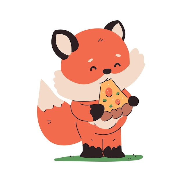 El lindo bebé zorro come pizza, un personaje de dibujos animados aislado sobre un fondo blanco.