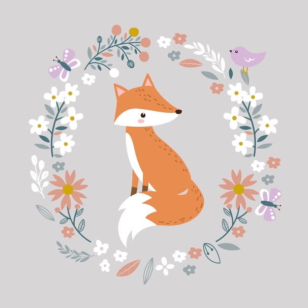 Lindo bebé zorro e ilustración floral