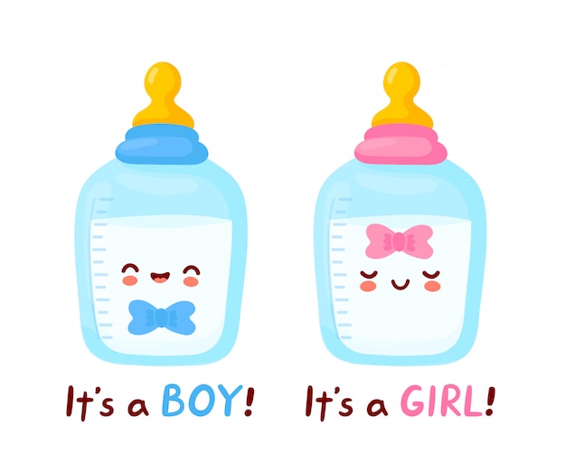 Lindo biberón feliz con chupete de pezón. Es un niño, es una tarjeta de niña. personaje de dibujos animados dibujado a mano ilustración de estilo
