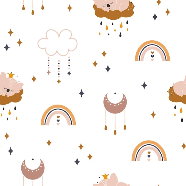 Lindo boho arco iris de patrones sin fisuras Impresión infantil creativa para envolver tela papel tapiz textil Vector papel digital