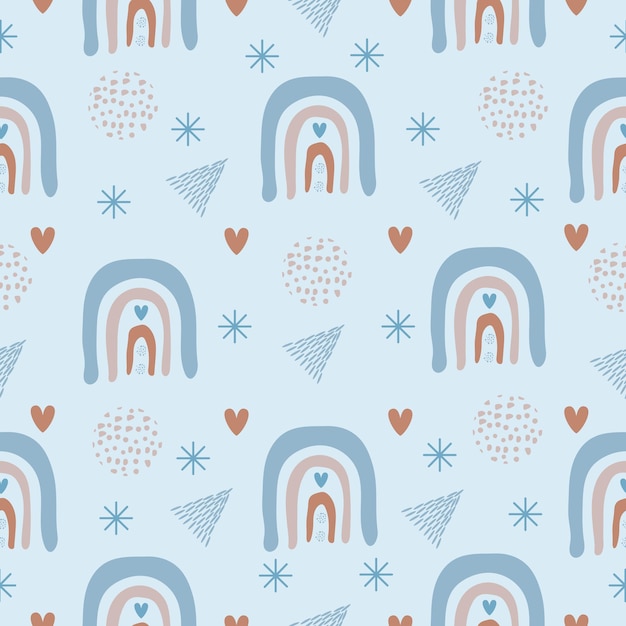 Lindo boho de patrones sin fisuras con corazones de arco iris de fondo azul y elementos abstractos