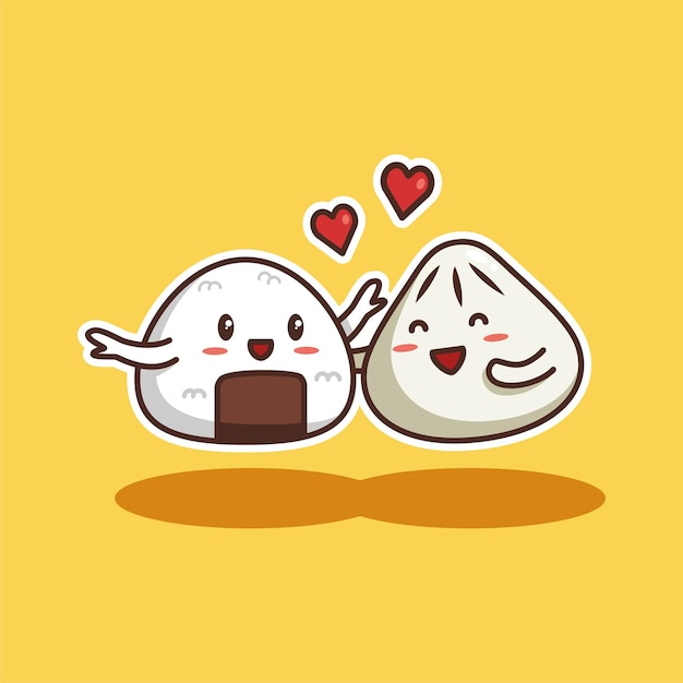 Lindo bollo y Onigiri Carácter Amor Pareja vector ilustración