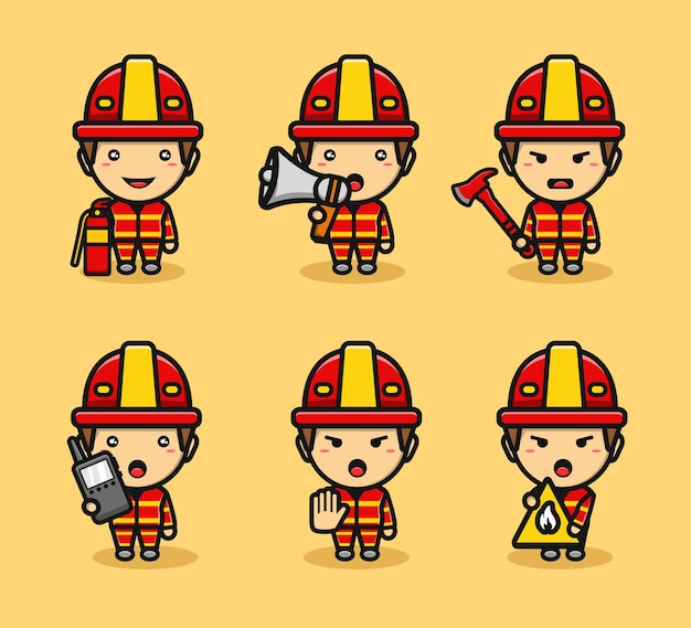 Lindo, bombero, niño, caricatura, conjunto