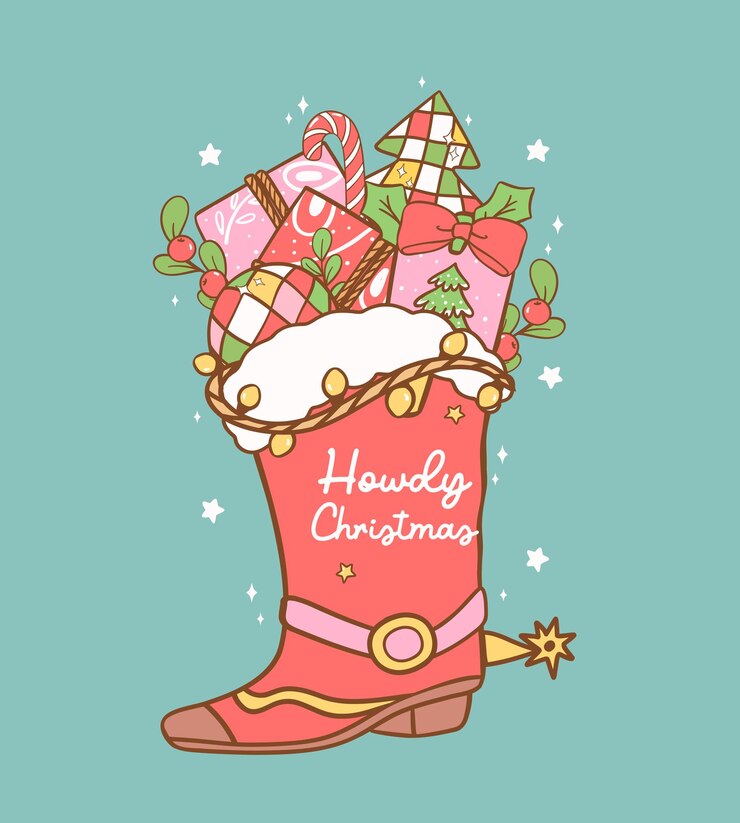 Vector lindo botiquín de vaquero de navidad lleno de cajas de regalos y dibujos animados de pinos dibujados a mano