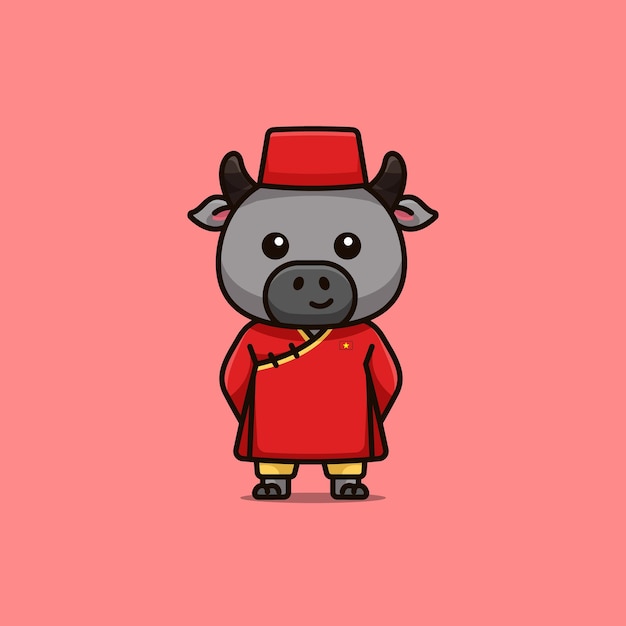 Lindo búfalo animal nacional con vestido nacional vietnamita ilustración de dibujos animados vector gratis