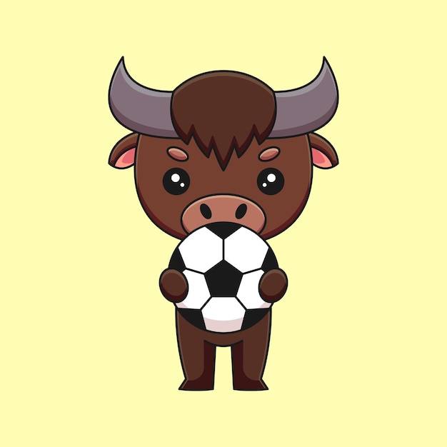 Lindo búfalo con balón de fútbol mascota de dibujos animados doodle arte dibujado a mano concepto vector kawaii icono ilustración