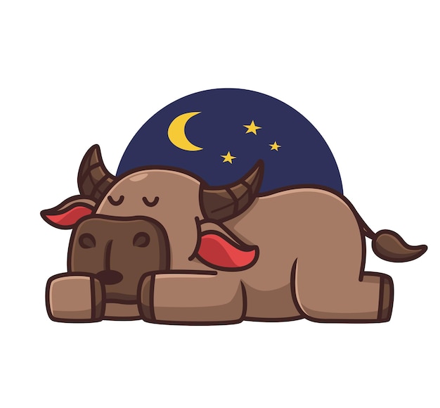 Lindo búfalo perezoso durmiendo. concepto de naturaleza animal de dibujos animados Ilustración aislada. Estilo plano adecuado para el vector de logotipo premium de diseño de icono de etiqueta. Personaje de mascota
