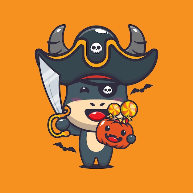 Lindo búfalo pirata en el día de halloween. Linda ilustración de dibujos animados de halloween.