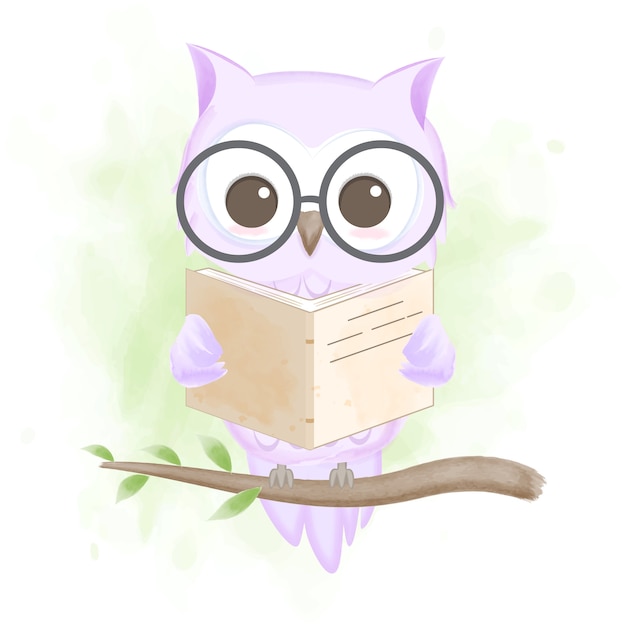 Lindo búho leyendo un libro, dibujado a mano ilustración de dibujos animados