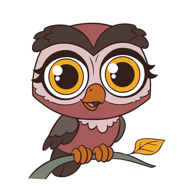 Un lindo búho marrón con ojos grandes se sienta en una rama. ilustración de vector de estilo infantil de dibujos animados. carácter de clipart divertido aislado sobre fondo blanco. impresión linda del pájaro del bosque.