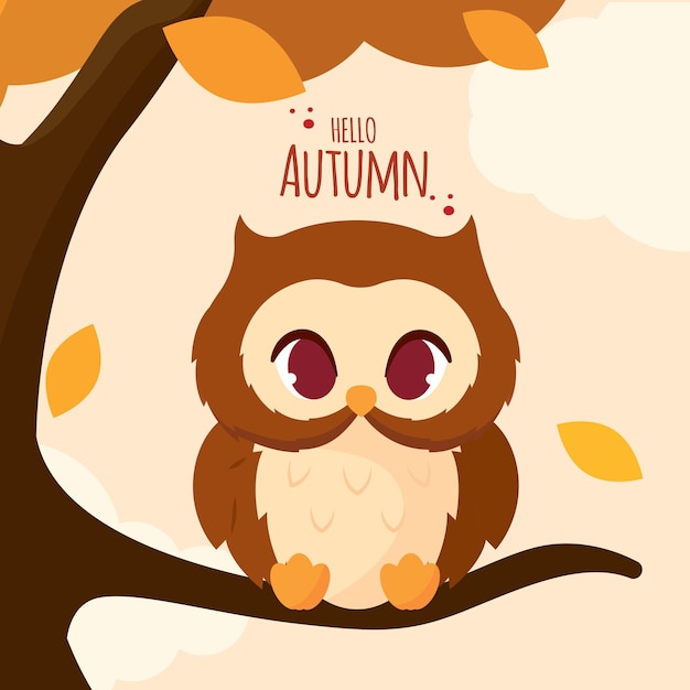 Lindo búho de otoño en el árbol con el texto de Hello Autumn Vector
