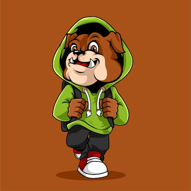 lindo, bulldog, ambulante, a, escuela, vector, mascota, ilustración