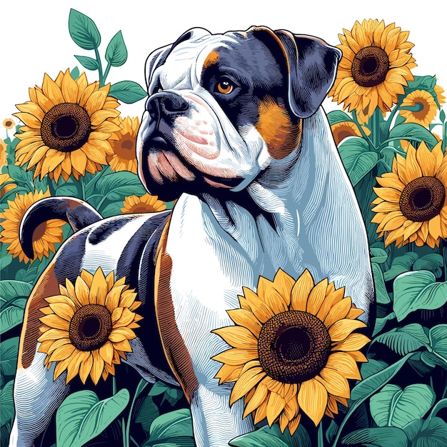 Vector lindo bulldog americano amplificador girasoles estilo vectorial fondo blanco