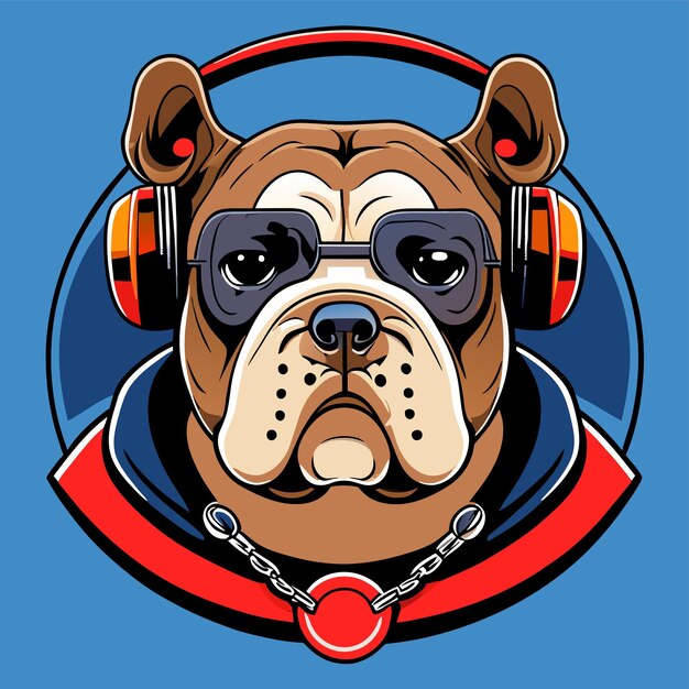 Lindo bulldog con auriculares dibujado a mano plano y elegante concepto de icona de pegatina de dibujos animados