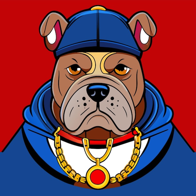 Vector lindo bulldog con auriculares dibujado a mano plano y elegante concepto de icona de pegatina de dibujos animados