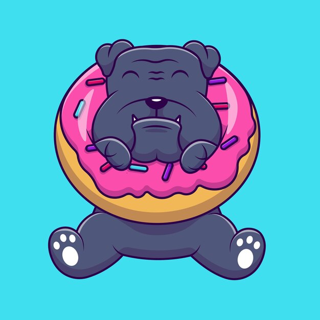 Lindo bulldog donut cartoon vector iconos ilustración