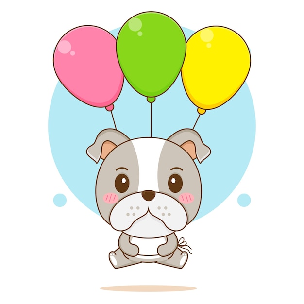 Lindo bulldog flotando con personaje de dibujos animados de globo