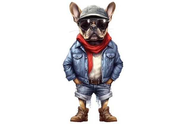 Lindo bulldog francés en botas de tacón alto y jeans rasgados Ilustración vectorial