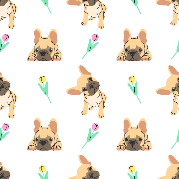 LINDO BULLDOG FRANCÉS MARRÓN CON FLORES EN FONDO BLANCO DISEÑO DE PATRÓN SIN COSTURAS PLANO