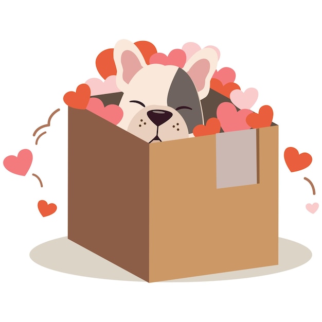 Vector el lindo bulldog de francia en la caja con mucho corazón en estilo vectorial plano