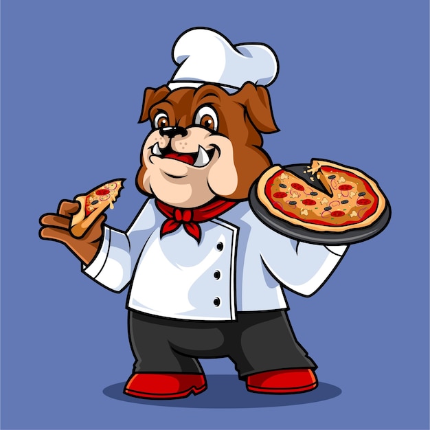 Lindo bulldog pizza chef mascota vector ilustración