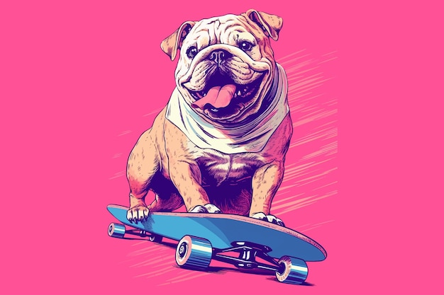 Lindo bulldog sosteniendo una patineta sobre un fondo rosa Ilustración vectorial