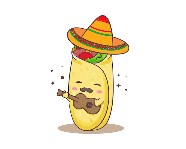 Lindo burrito tocando guitarra personaje de mascota de dibujos animados. Ilustración de vector de concepto de alimentos