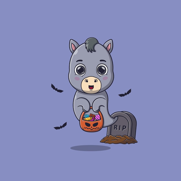 Lindo burro fantasma sosteniendo una canasta de calabaza llena de dulces