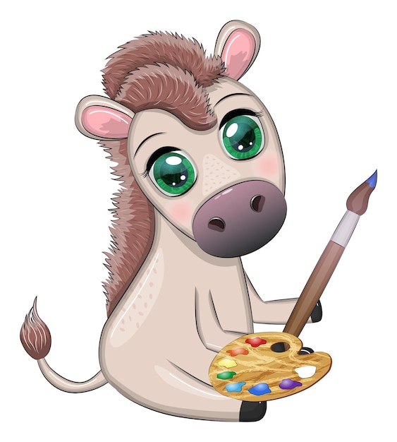 Lindo burro con paleta de pintura y pincel artista personaje niño ilustración